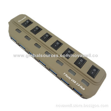 7-port USB Hub with 5V, 2A Power Adapter, 7 LED Indicators for Each Port, On/Off Switch